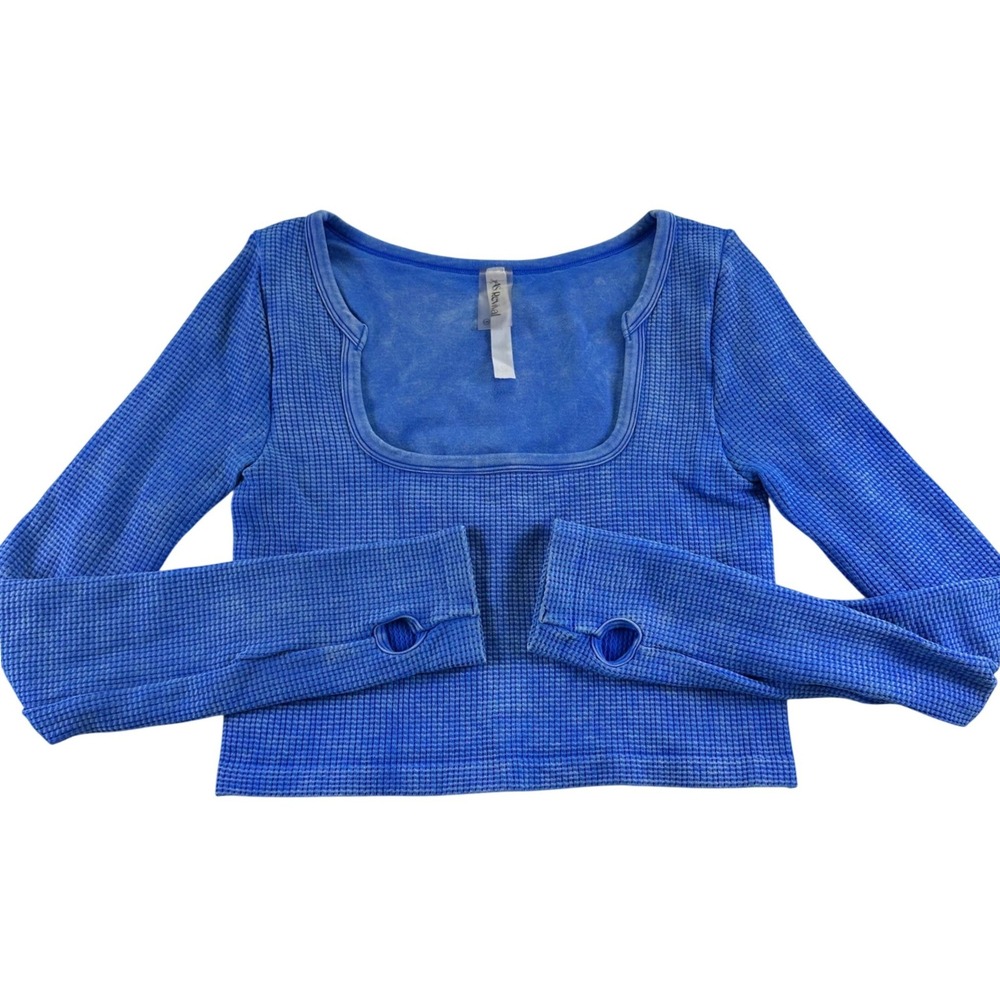 AS Revival L/XL Blue Mineral Wash Waffle‎ Knit Square Neck Crop Top Activewear